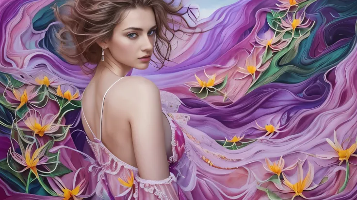 Beautiful and colorful woman: 21-year-old woman, messy hair , oil painting, beautiful and perfect face with soft skin , s , clear eyes, greenish pink cores , clear and violet magnetic additions , light red additions , cosplay, using various costumes , intr...