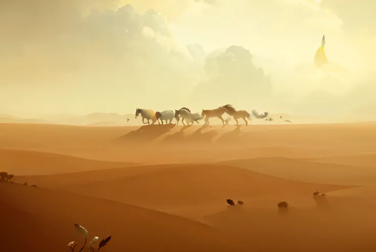 there are many horses running in the desert on a cloudy day, zootopia concept art, inspired by Gediminas Pranckevicius, surreal gediminas pranckevicius, animals running along, inspired by Igor Kieryluk, atey ghailan and steve mccurry, by Cheng Jiasui, blur...