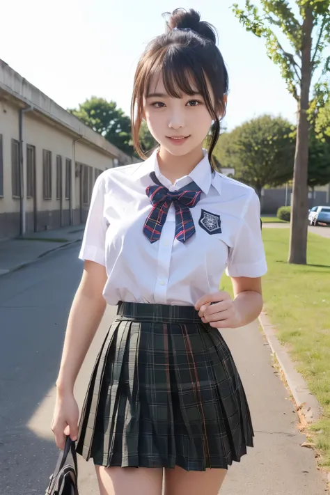 19 year old young face girl,(Side ponytail,fancy Hair ribbon),((school uniform cosplay)),(( stewart black tartan box mini pleated skirt)),((flirtingly lifting her skirt to show her panties:1.3)),(striped panties)She shows us a little bit of the striped pan...