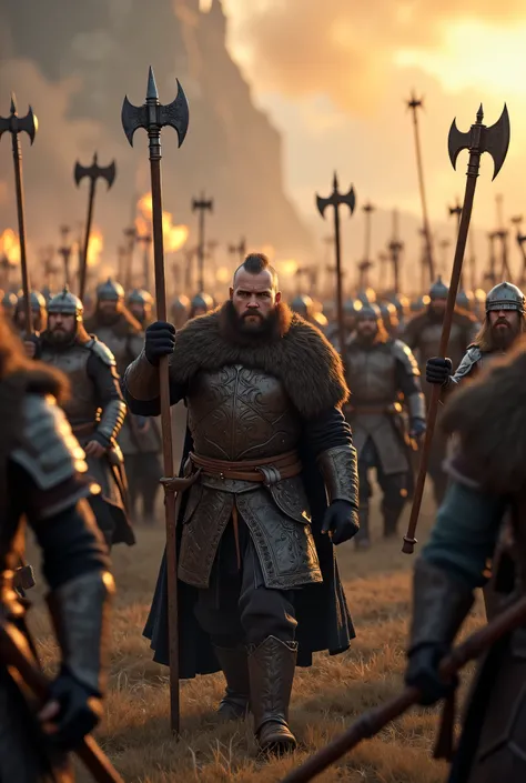 **Prompt:** Create an intricately detailed landscape scene of a Viking raiders tribe army during the medieval age, showcasing hyper-realism and a symmetrical composition. Capture the scene from an ultra-wide angle to immerse the viewer in this burning medi...