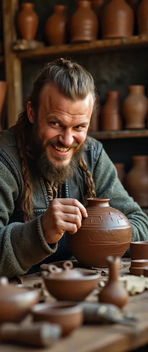 **Prompt**: medieval era, Using Unreal Engine 5, craft a breathtaking ultra HD 8K image that showcases a symmetrically balanced panoramic view of a talented Viking male potter. This full-body portrayal captures him in mid-action, forming a clay pot in his ...
