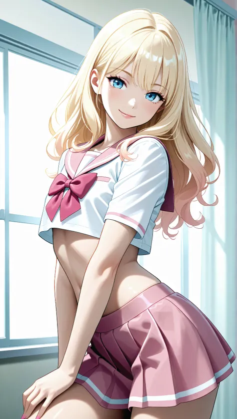 Cute **** blonde girl wearing very very revealing pink high-school uniform in classroom (small crop-top and miniskirt) blue eyes, makeup, seductive smile, sexy pose