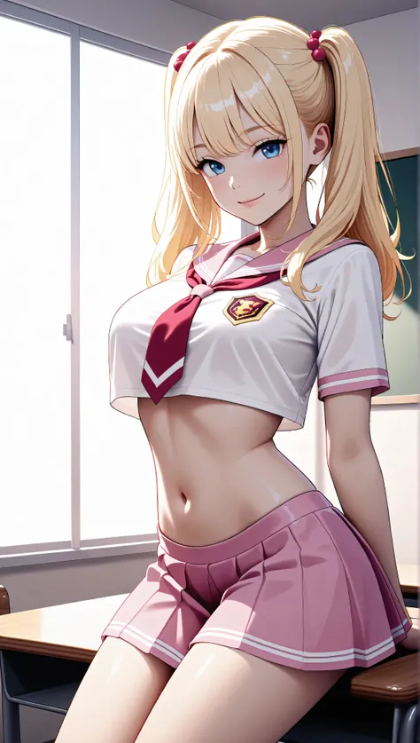 Cute **** blonde girl wearing very very revealing pink high-school uniform in classroom (small crop-top and miniskirt) blue eyes, makup, seductive smile, sexy pose