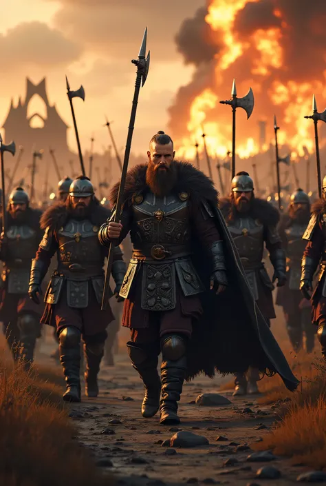 **Prompt:** Create an intricately detailed landscape scene of a Viking raiders tribe army during the medieval age, showcasing hyper-realism and a symmetrical composition. Capture the scene from an ultra-wide angle to immerse the viewer in this burning medi...