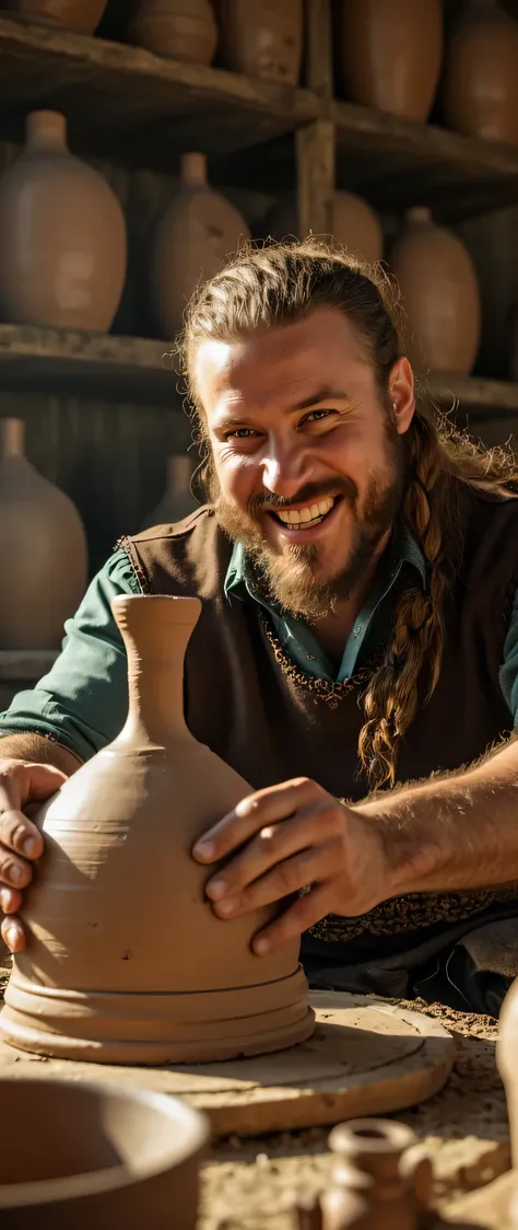 **Prompt**: medieval era, Using Unreal Engine 5, craft a breathtaking ultra HD 8K image that showcases a symmetrically balanced panoramic view of a talented Viking male potter. This full-body portrayal captures him in mid-action, forming a clay pot in his ...