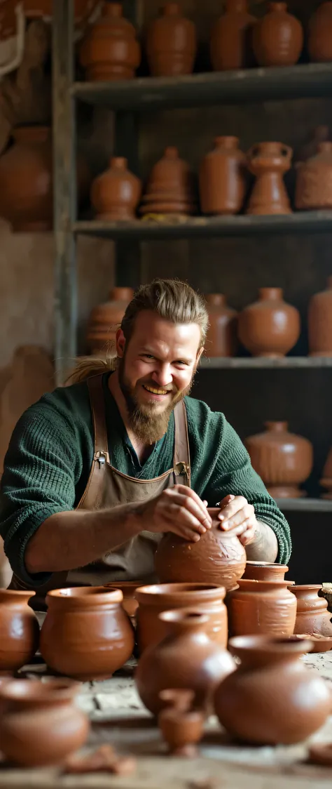 **Prompt**: medieval era, Using Unreal Engine 5, craft a breathtaking ultra HD 8K image that showcases a symmetrically balanced panoramic view of a talented Viking male potter. This full-body portrayal captures him in mid-action, forming a clay pot in his ...