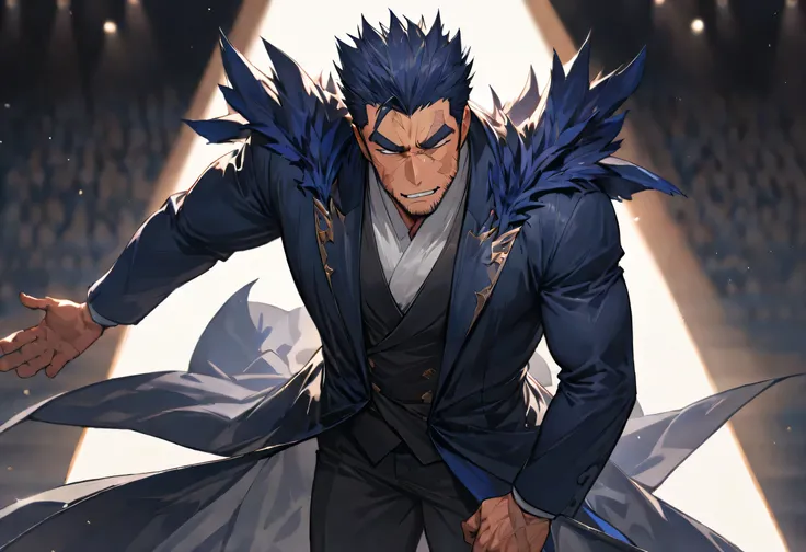 (solo, 1boy, fullbody picture), (mature age, strong adult man, Very Handsome Male Anime Character), (deep blue short hair:1.5, deep blue highly styled hair with sharp features, Thick eyebrows, gray Eyes, parted lips, frowning face, scars), (deep blue coat,...