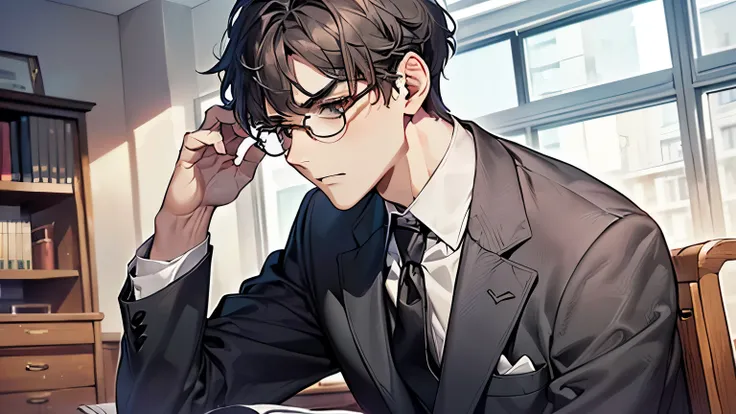 (((Daytime office、50歳一人のmale性、 upper body shot、 random angle、Anxious expression、panic)))、male、 Masterpiece、No matter how high quality、 anime、 animeCG、(( Hair、Short Hair、Round Glasses、 thick eyebrows、love yourself、 in gray suit、grey tie)))、