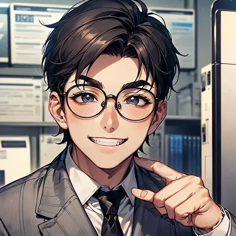 (((Daytime office、50歳一人のmale性、 face、 with a cheerful smile)))、male、 Masterpiece、No matter how high quality、 anime、 animeCG、(( Hair、Short Hair、Round Glasses、 thick eyebrows、love yourself、 in gray suit、grey tie)))、