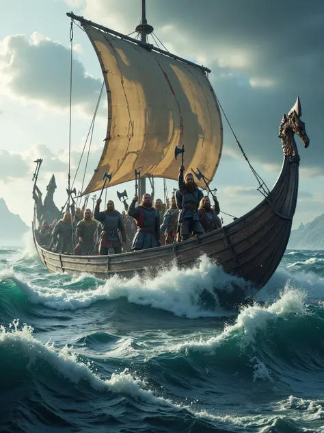 **Prompt:** Design a breathtakingly detailed landscape scene depicting a Viking seafaring army navigating the long wooden boat on the tumultuous waters of the medieval North Sea. Showcase hyper-realism in the composition, featuring a long size Viking long ...