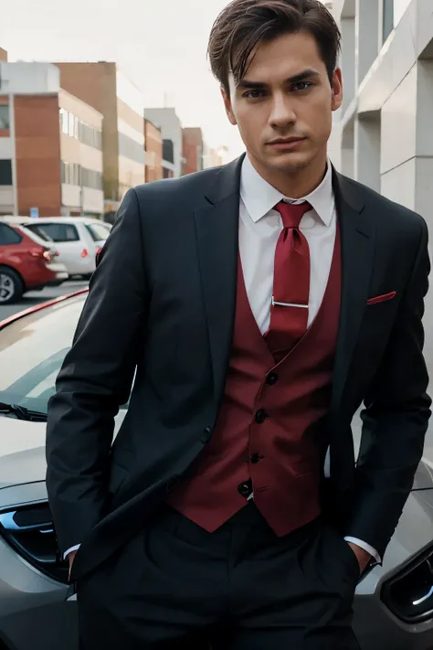 create a suit man with red ties on front of bmw