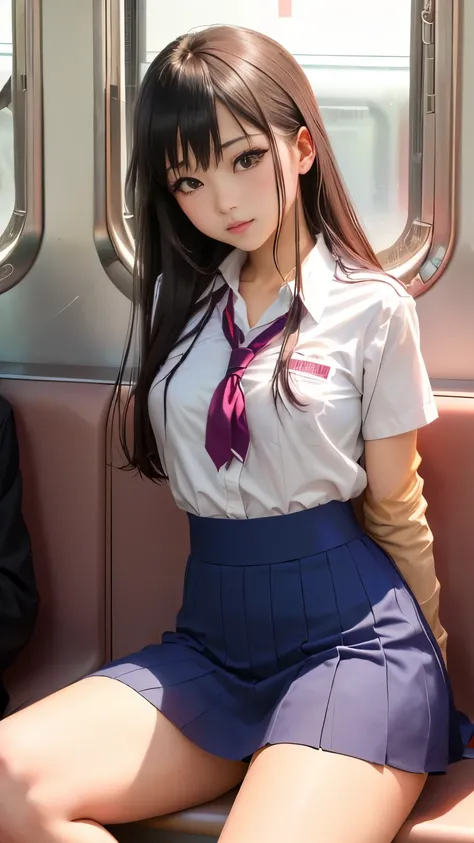 Nanbara Chizuru in uniform sitting on a train showing off her legs and showing her panties, a  super realistic high school girl ,  super realistic high school girl ,  Japanese model, Ayaka Cosplay, 妖艶なアニメの girls on the left, アニメの girls on the leftのコスプレ,   ...