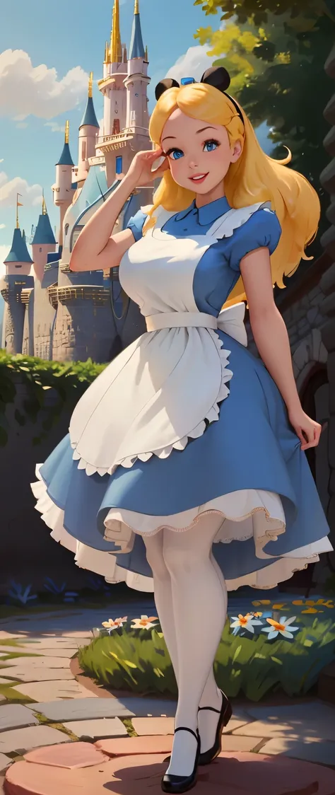 ( masterpiece), ( best quality), ( extremely detailed), Alice Liddell, Blue mini dress, white apron , black hair band, white long stocking , Cute Poses , In the Garden, ((( Disney Castle with background ))), ( blue sky), ( Clear Days ), 3d. Illustra...