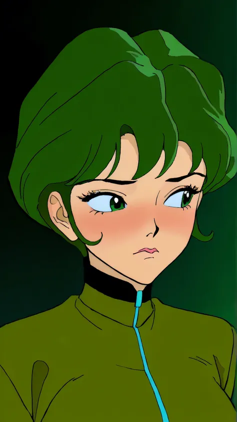 Kizi girl，Highly detailed, Amazing work，Vitreous luster,((clean backdrop))，in gold, (((green colors)))，blacks，Best quality at best，clean backdrop, shiny skin, very young korean girl, Aeon Flux from the MTV cartoon, petite, slender, sexy, heavy blushing, su...