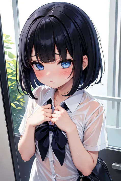 best quality，high resolution， 1girl ，blue eyes，short hair，Black hair，blunt bangs，flat chest，blush，pout，School uniform，wet cloth，see-through，half-closed eyes