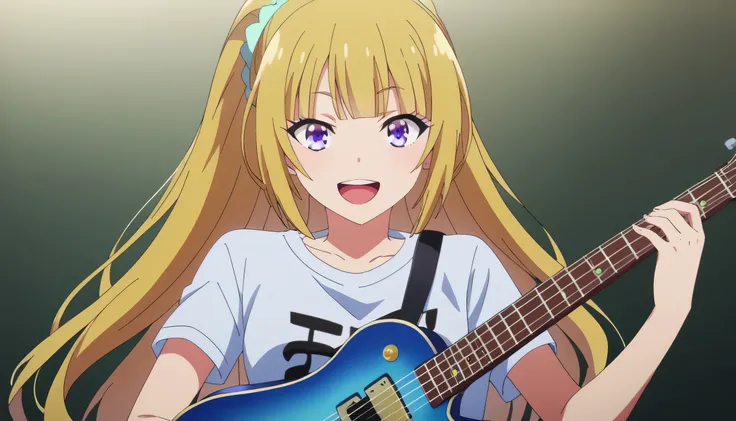 score_9, score_8_up, score_7_up, solo, 1girl, source_anime, keikaruizawa, kei karuizawa, long hair, bangs, blunt bangs, blonde hair, hair ornament, violet eyes, ponytail, scrunchie, blue scrunchie, cowboy shot, sing, singing, open mouth, mic, mic stand, gu...