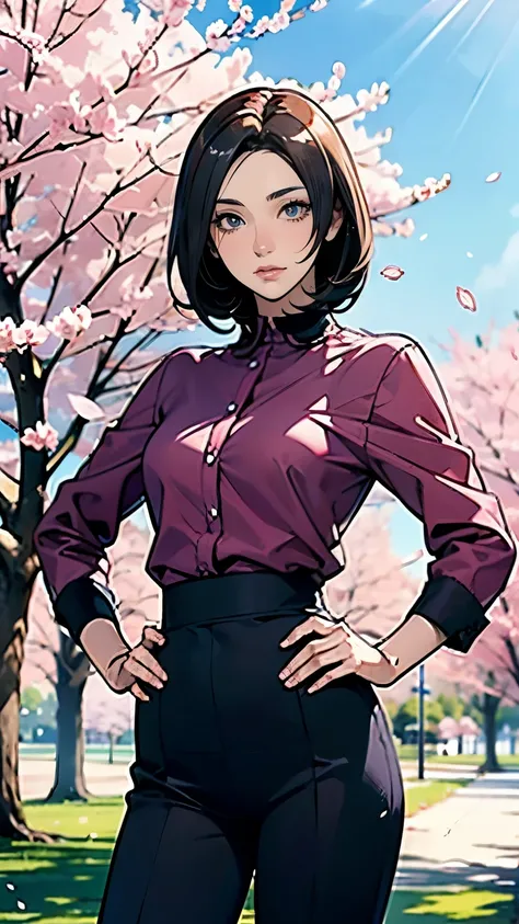 Masterpiece, Top quality, Anime style, (Woman in the park), (Spring sunlight), (Sunny), (Noon), (Ultra-detailed anime style landscape wallpaper), A woman stands alone with her hands on her hips, Cherry blossoms, Facing forward with a gentle face,