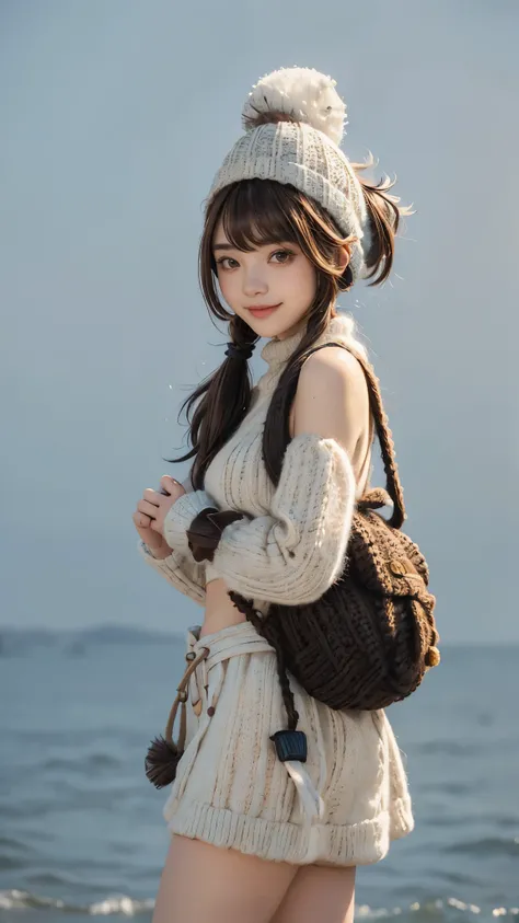   Highest& Masterpiece,Ultra HD 4K,(1 woman)、Smile,((Bangs cut coming out of a knitted hat, brown hair twin tails:1.3)),Little T fashion with belly button out,((yarn plush rucksack coming out of a knitted hat))