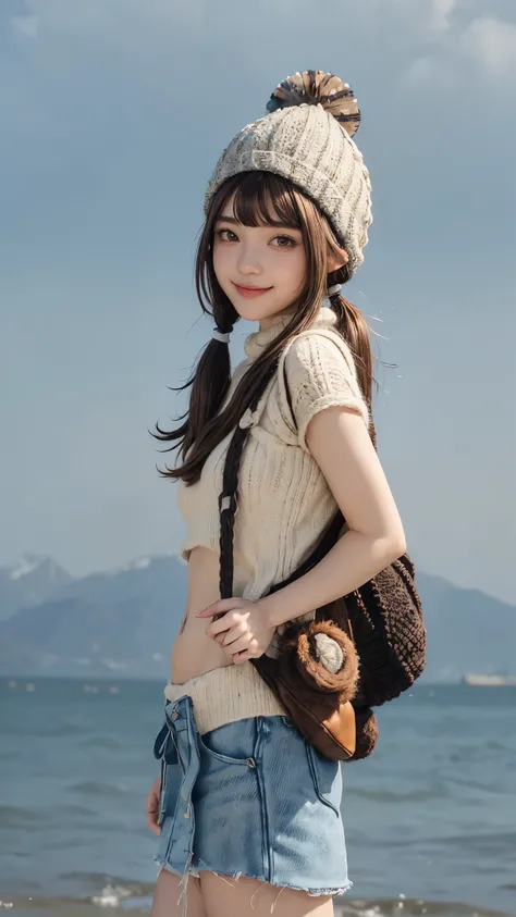   Highest& Masterpiece,Ultra HD 4K,(1 woman)、Smile,((Bangs cut coming out of a knitted hat, brown hair twin tails:1.3)),Belly Button Tee Blue Style Fashion,((yarn plush rucksack coming out of a knitted hat))