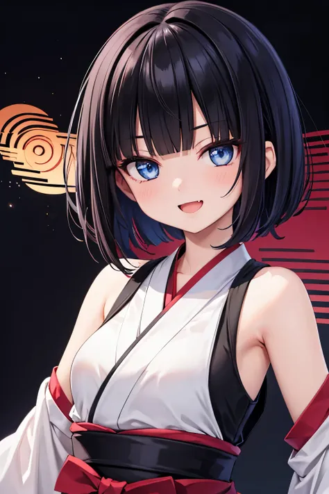 best quality，high resolution， 1girl ，blue eyes，short hair，Black hair，blunt bangs，opened mouth，Smug mouth with fang，Smile，Black montsuki，Black hakama，sleeveless