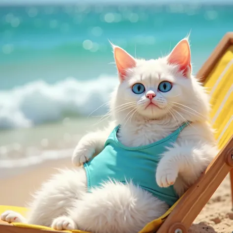   
A fluffy white cat with blue eyes, wearing a turquoise blue bikini, lounging on a beach chair while sunbathing on the sandy shore. The scene is bright and sunny, with the ocean waves gently rolling in the background. The cat appears relaxed, enjoying th...