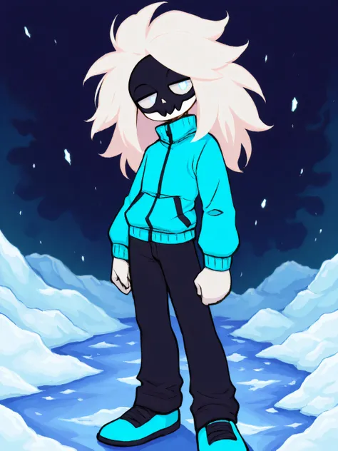 white hair, male, solo, standing,  white skin, sharp teeth, staring at viewer, snowy room, white large hair, fair skin, dark blue skull mask, blue cold jacket, white gloves, black pants, blue shoes, , best quality, amazing quality, highres, absurdres,score...