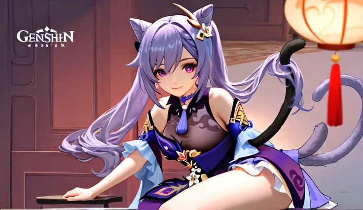  two-dimensional， Genshin，Keqing，purple blue hair， cat's tail，Black Silk，Transparent，charming，Sexy，Smile