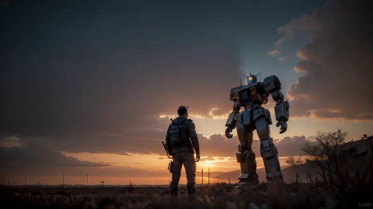 Cinematic movie scene from a post-apocalyptic world, Giant Transformers Robot, horizon against dark red background, quality photo, ,  studio photo,  dry vegetation , Building in ruins. Young man watching the giant robot,  shallow depth of field , Vignettes...