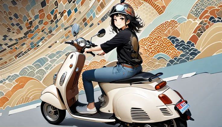 ((8k of extremely detailed CG unit, Masterpiece, high resolution, highest quality, highest quality real texture skin)), (((Driving a Vespa with a smile))), ((1 girl)), ((Japanese patterned helmet,sunglasses)), (Japanese pattern Tシャツ, denim), (Black hair, m...