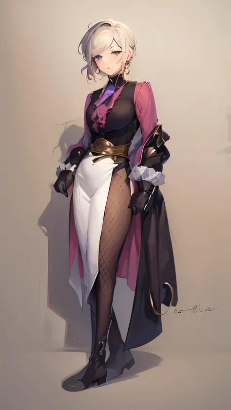 A stunning semi-realistic anime-style illustration of Vertin, standing in a sexy pose with a shy expression, her face blushing softly. Her body is more voluptuous and well-defined, with natural curves and realistic proportions. Her outfit and accessories r...