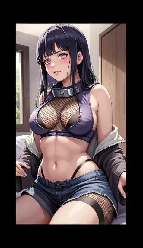  masterpiece,  highres,  High quality,  Detailed face,  detailed representation of the body, 1 girl, Alone , hyuga hinata (Hinata anime naruto), hinata-sleeveless-outfit ,  big breasts, ,  sleeveless shirt, red top, dark lips,  jacket,  Standing, blushes, ...