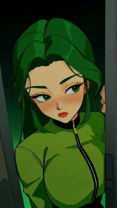 Kizi girl，Highly detailed, Amazing work，Vitreous luster,((clean backdrop))，in gold, (((green colors)))，blacks，Best quality at best，clean backdrop, shiny skin, very young korean girl, Aeon Flux from the MTV cartoon, petite, slender, sexy, heavy blushing, su...