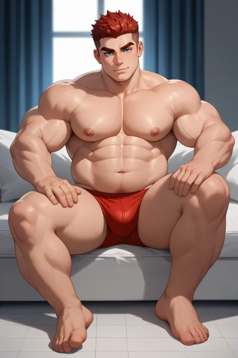 Alone,  white man, beefy, muscle, strongman , SuperChubby, dark red hair,  blue eyes, spiky cut,  thick eyebrows, dark red eyebrows ,  shirtless,  without clothes,  naked, No erection, very hairy dark red lump, full body, big legs, big Feet.