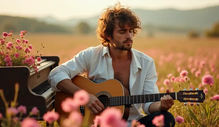 A ruggedly handsome man with tousled hair sits in a field of vibrant pink flowers, playing a classic acoustic guitar. He wears a loose white shirt, slightly unbuttoned, and dark pants, giving off a romantic and nostalgic vibe. The warm golden sunlight bath...