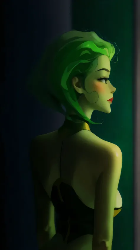 Kizi girl，Highly detailed, Amazing work，Vitreous luster,((clean backdrop))，in gold, (((green colors)))，blacks，Best quality at best，clean backdrop, shiny skin, very young korean girl, Aeon Flux from the MTV cartoon, petite, slender, sexy, heavy blushing, su...