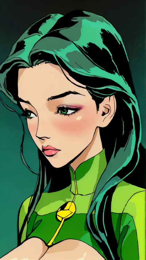 Kizi girl，Highly detailed, Amazing work，Vitreous luster,((clean backdrop))，in gold, (((green colors)))，blacks，Best quality at best，clean backdrop, shiny skin, very young korean girl, Aeon Flux from the MTV cartoon, petite, slender, sexy, heavy blushing, su...