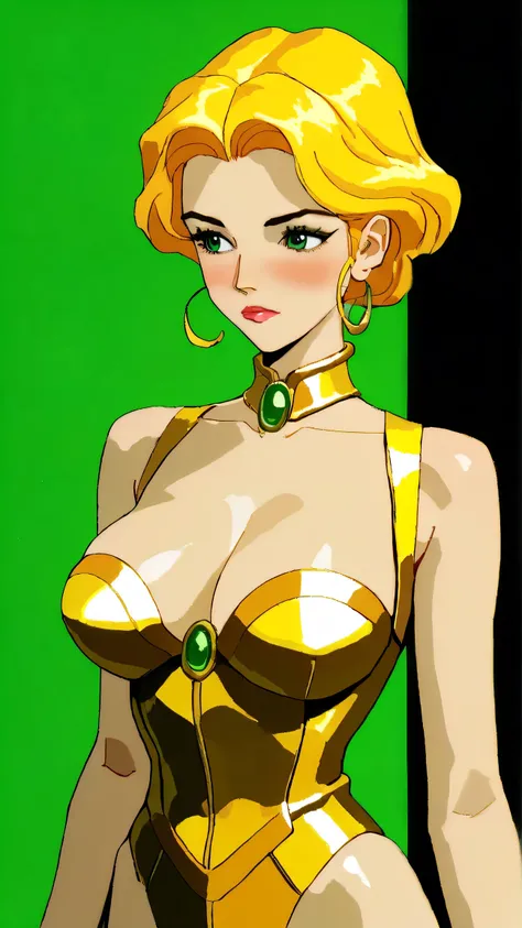 Kizi girl，Highly detailed, Amazing work，Vitreous luster,((clean backdrop))，in gold, (((green colors)))，blacks，Best quality at best，clean backdrop, shiny skin, very young korean girl, Aeon Flux from the MTV cartoon, petite, slender, sexy, heavy blushing, su...