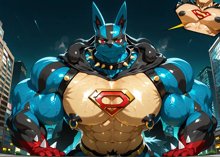 kemono, by null-ghost, by zixiong, solo, male, tail, Mega Lucario, anthro, black nipples, big nipples, gold nipple rings, sweaty, handsome, broad shoulders, broad chest, huge muscular, posing, thick neck, thick arms, pectorals crushing city, bedroom eyes, ...