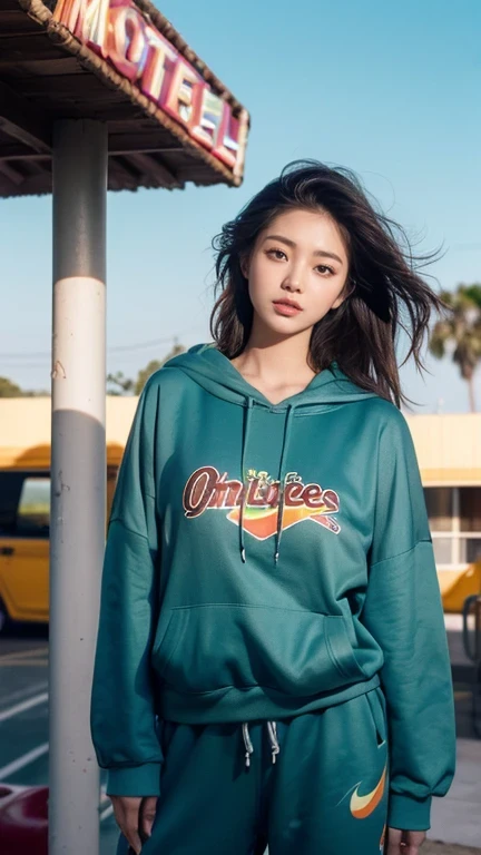 8K, 1girl, beautiful, messy hair, (orange oversize hoodie), oversize_shirt, sweatpants,, close up, look at viewer, (((80's architecture colorful motel))) ,palm trees, blue sky, sunny summer, los angles vibes (photorealistic:1.2), (ultra realistic:1.3), (ve...