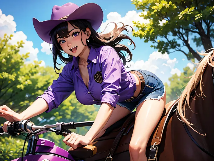 Cowgirl, Purple shirt, riding horse