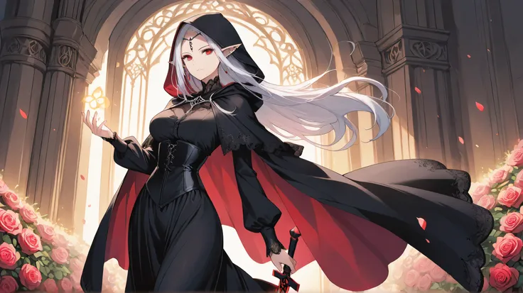 
Masterpiece, Best Quality, Top Quality, Very Detailed, A stunning dark elf warrior queen walking gracefully through a grand, sunlit gothic garden filled with vibrant roses. She has piercing eyes and an air of authority, wearing an elegant black corset gow...