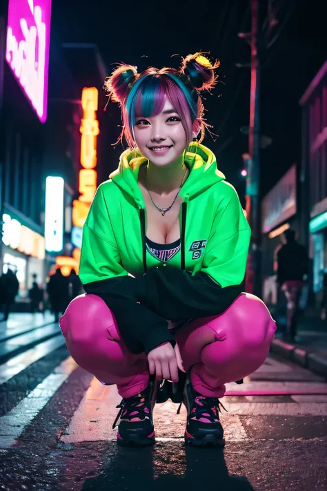 Cyberpunk city, glowing line in oversize hoodie, multiple hair color, 1girl, night, neon pop,busty, squatting, cool,2bun hair, smile, 