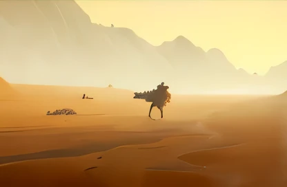 there are many animals walking in the desert together, inspired by Gediminas Pranckevicius, alex andreev, surreal gediminas pranckevicius, desert, inspired by Igor Kieryluk, horse racing concept art, during sandstorm, plains, in a serene vast desert, anima...