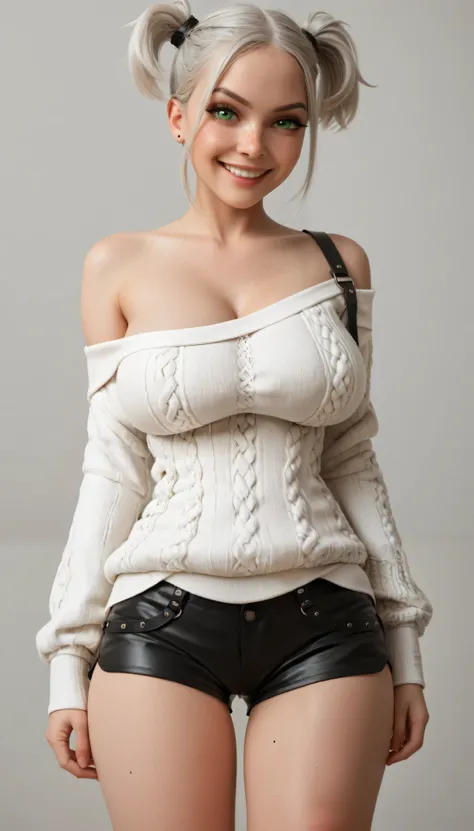 1 Girl, ((baggy white sweater, exposed shoulder, black booty shorts)), ((large Breasts, green Eyes, thighs, knees)) Grin, Nice Eyes, Platinum White Hair, disheveled Pig tails, Pale White Skin, Smooth Skin, Face Freckles, Leather Straps on Thighs, Nice Clea...