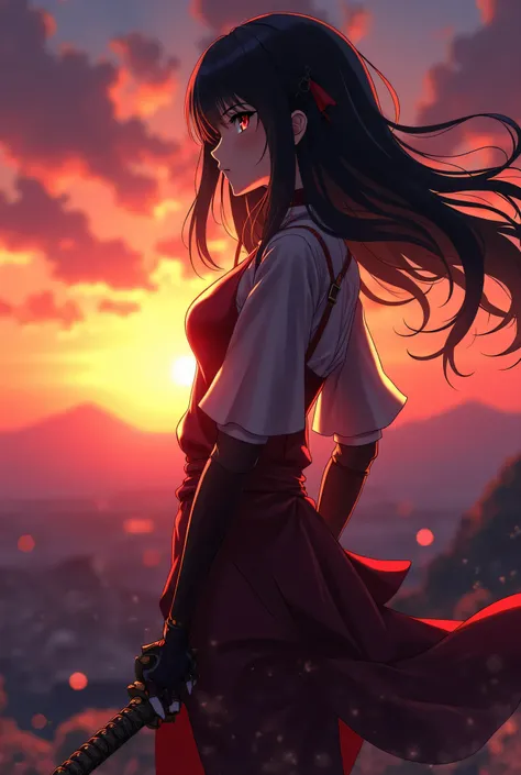 
8k full hd , an image of the female character Akame from the anime Akame ga Kill looking straight ahead while holding her sword with her right hand and a sunset background 