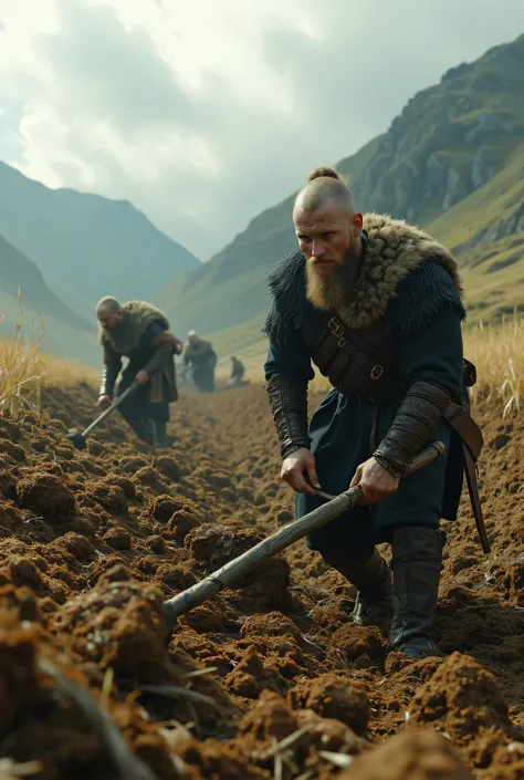 **Prompt:** Create an enchanting and intricately detailed landscape scene showcasing a Viking farmer laboriously plowing the soil in medieval Northern Europe. Emphasize hyper-realism in your composition, vividly highlighting the agricultural activity at ha...
