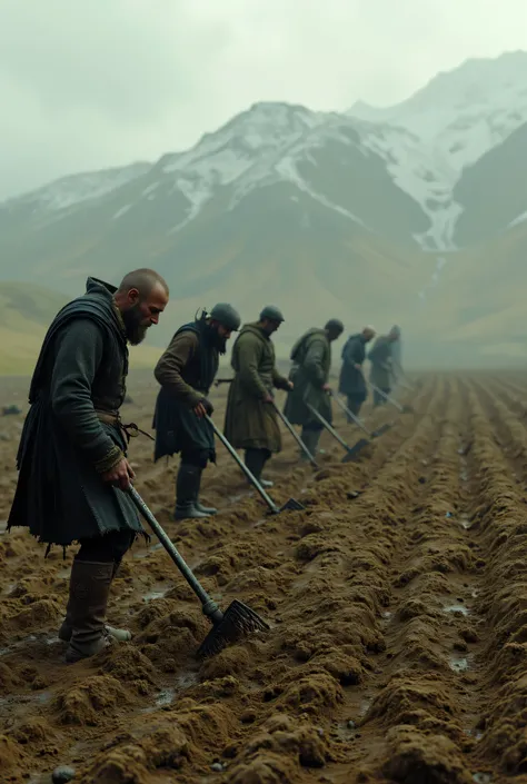 **Prompt:** Create an enchanting and intricately detailed landscape scene showcasing a Viking farmer laboriously plowing the soil in medieval Northern Europe. Emphasize hyper-realism in your composition, vividly highlighting the agricultural activity at ha...
