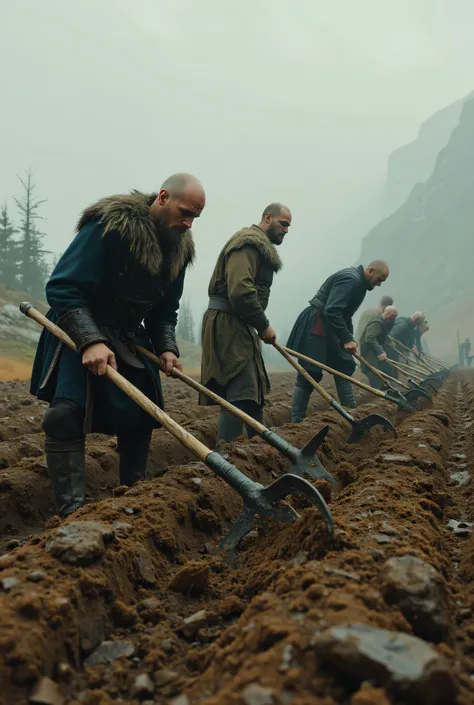 **Prompt:** Create an enchanting and intricately detailed landscape scene showcasing a Viking farmer laboriously plowing the soil in medieval Northern Europe. Emphasize hyper-realism in your composition, vividly highlighting the agricultural activity at ha...