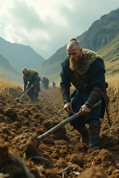 **Prompt:** Create an enchanting and intricately detailed landscape scene showcasing a Viking farmer laboriously plowing the soil in medieval Northern Europe. Emphasize hyper-realism in your composition, vividly highlighting the agricultural activity at ha...