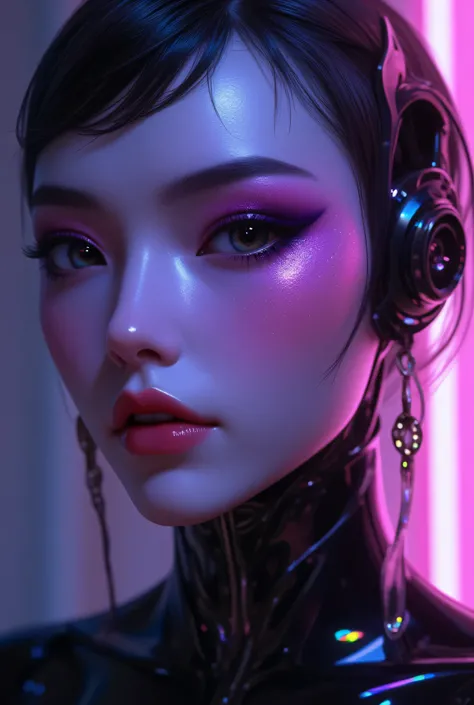 80’s glam rock makeup on shiny android face, anime, 2.5D, Glittery face, moody lighting, (purples, pinks, and blues), iridescent face, abstract ai model, pretty, sexy, minimal, sleek, slender, asian, elegant, chic, futuristic, retro, sophisticated half hum...